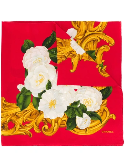 Pre-owned Chanel Rose Print Scarf In Red