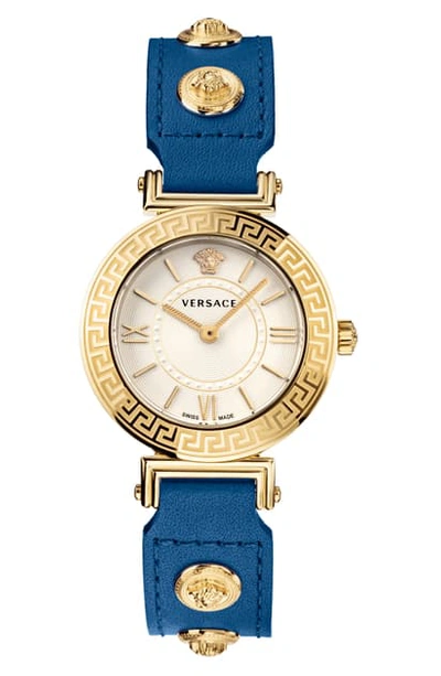 Shop Versace Tribute Leather Strap Watch, 35mm In Blue/ Silver/ Gold