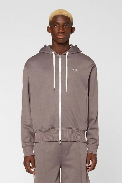 Shop Ami Alexandre Mattiussi Ami Embroidered Zipped Hoodie In Grey