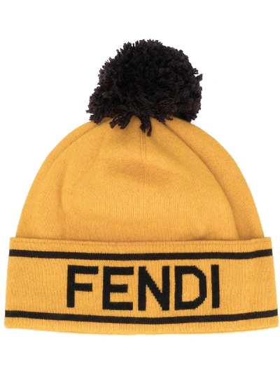 Shop Fendi Logo Motif Pom-pom Beanie In Yellow