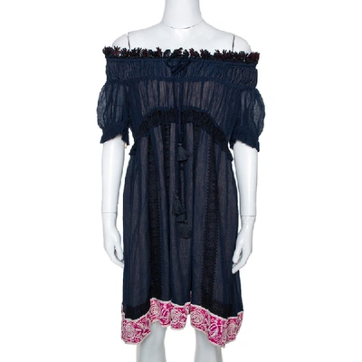 Pre-owned Chloé Navy Blue Embroidered Ruffle Crinkled Chiffon Off Shoulder Dress S