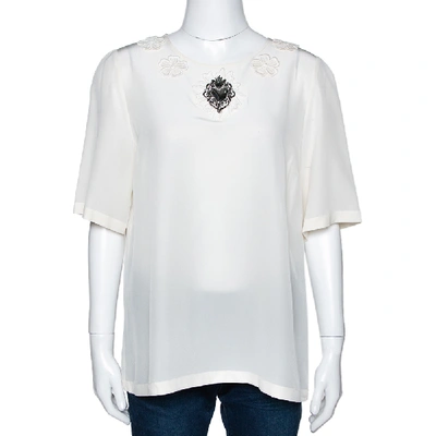 Pre-owned Dolce & Gabbana Cream Silk Floral Applique Sacred Heart Top L