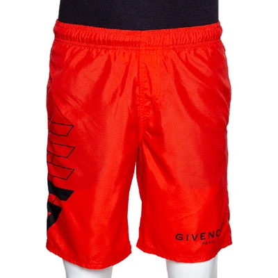 Pre-owned Givenchy Neon Orange Synthetic Logo Printed Track Shorts M
