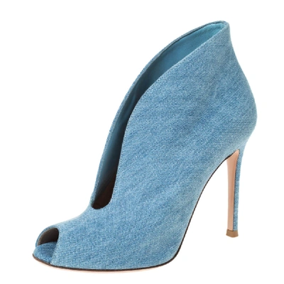 Pre-owned Gianvito Rossi Blue Denim V Neck Peep Toe Booties Size 36