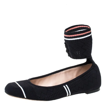 Pre-owned Fendi Black Knit Fabric Rockoko Pointelle Ankle Cuff Ballet Flat Size 40