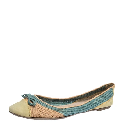 Pre-owned Ferragamo Tricolor Raffia And Nubuck Leather Bow Ballet Flats Size 38.5 In Beige