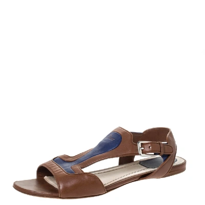 Pre-owned Dior Brown/blue Leather Open Toe Ankle Strap Flat Sandals Size 38.5