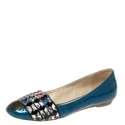 Pre-owned Etro Blue Patent And Multicolor Embossed Python Trim Ballet Flats Size 37