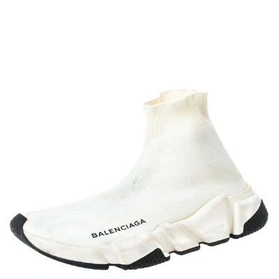 Pre-owned Balenciaga Off White Knit Fabric Speed Trainer Sneakers Size 36