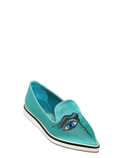 Nicholas Kirkwood 20mm Eye Embroidered Silk Loafers In Turquoise