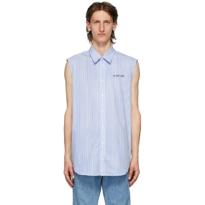 Shop Helmut Lang Blue And White Striped Sleeveless Shirt In White/sblue