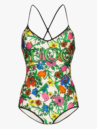 Shop Gucci Pop Flora Print Swimsuit In Green