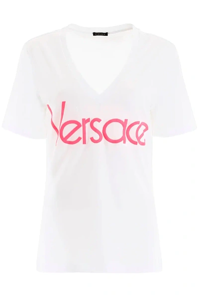 Shop Versace T-shirt With Neon Logo Embroidery In White,fuchsia