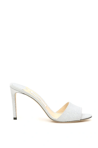 Shop Jimmy Choo Stacey Glittered Mules 85 In Silver