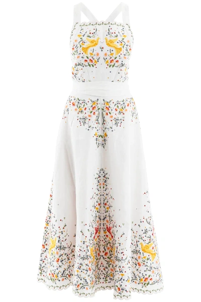 Shop Zimmermann Carnaby Long Dress With Birds Embroideries In White,yellow,green