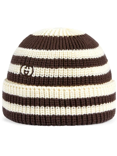 Shop Gucci Striped Knit Beanie In White