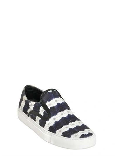 Shop Mother Of Pearl Floral Stripe Satin Slip On Sneakers In Navy/white