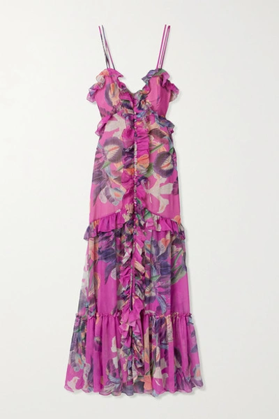 Shop Patbo Grace Ruffled Floral-print Chiffon Maxi Dress In Magenta