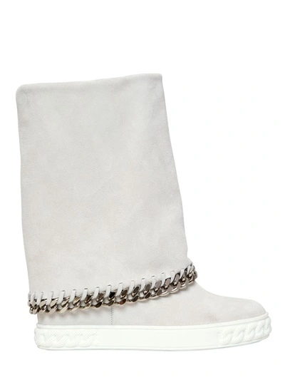 Shop Casadei 90mm Suede Chained Wedge Boots, White