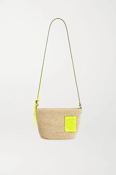 Shop Loewe + Paula's Ibiza Pouchette Leather-trimmed Woven Raffia Shoulder Bag In Sand