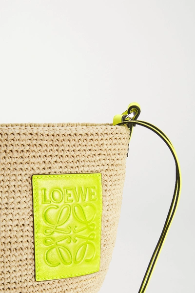 Shop Loewe + Paula's Ibiza Pouchette Leather-trimmed Woven Raffia Shoulder Bag In Sand