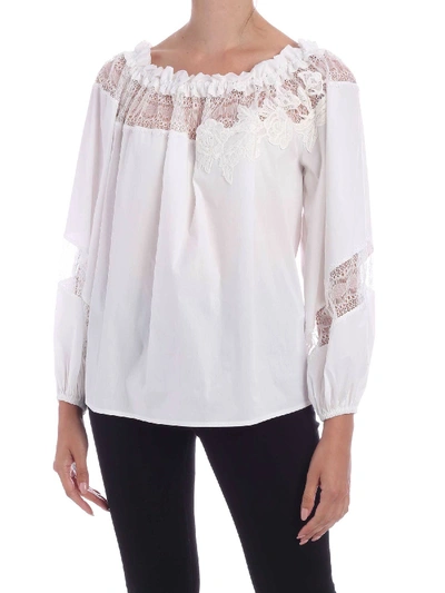 Shop Blumarine Lace Off Shoulder Blouse In White