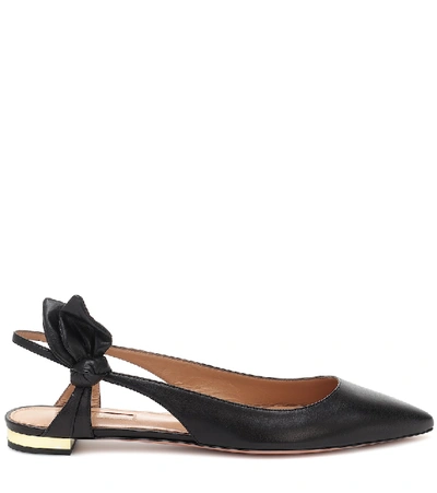 Shop Aquazzura Bow Tie Leather Ballet Flats In Black