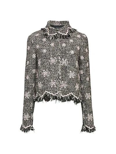 Shop Giambattista Valli Floral Embroidery Tweed Jacket In Ivory Black