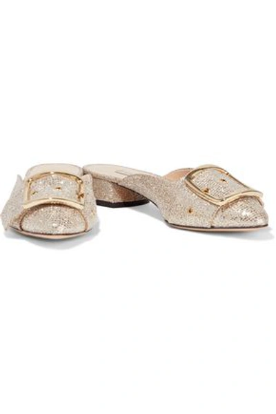 Shop Casadei Buckled Glittered Lamé Slippers In Platinum