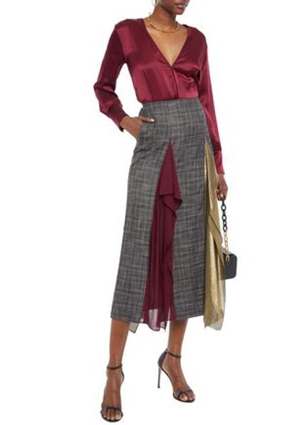Shop Roland Mouret Julius Draped Chiffon And Lamé-paneled Checked Bamboo Midi Skirt In Anthracite