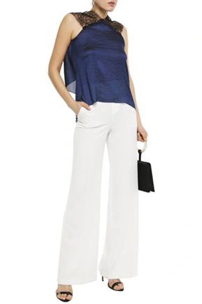 Shop Roland Mouret Dave Chantilly Lace-paneled  Draped Satin-jacquard Top In Navy