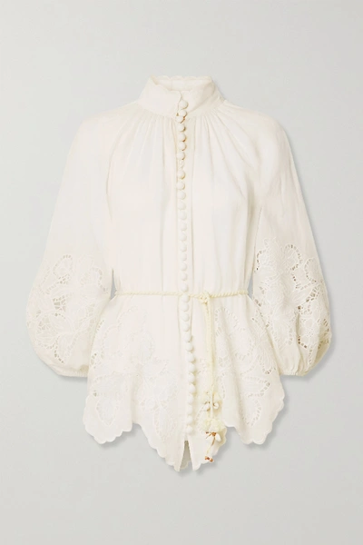 Shop Zimmermann Carnaby Belted Broderie Anglaise Ramie Blouse In Ivory