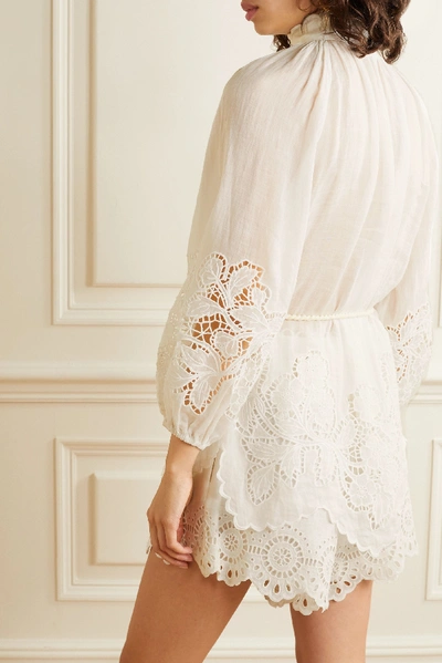 Shop Zimmermann Carnaby Belted Broderie Anglaise Ramie Blouse In Ivory