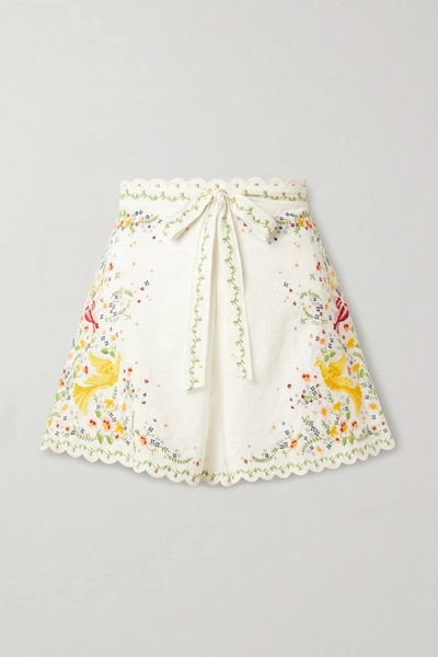 Shop Zimmermann Carnaby Belted Embroidered Linen And Cotton-blend Shorts In White
