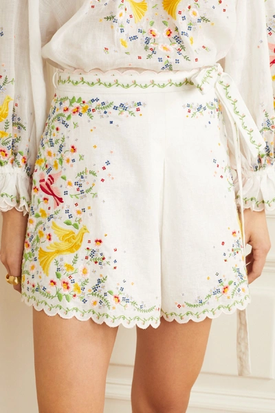 Shop Zimmermann Carnaby Belted Embroidered Linen And Cotton-blend Shorts In White