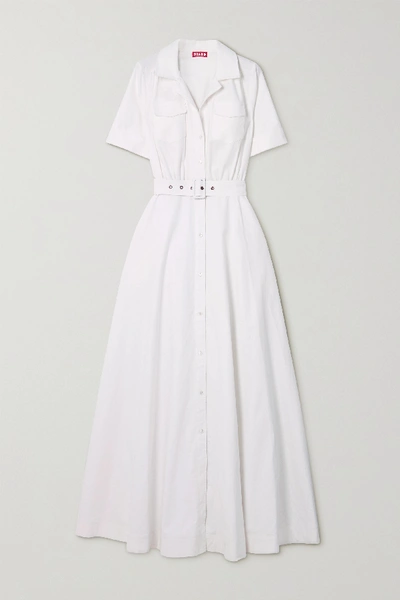 Shop Staud Millie Belted Linen-blend Maxi Shirt Dress In White