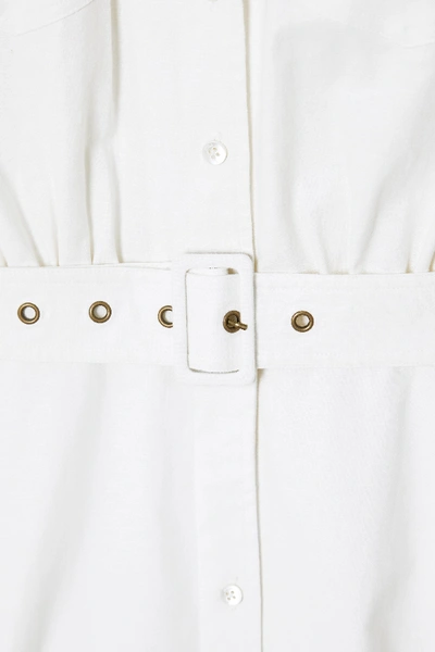 Shop Staud Millie Belted Linen-blend Maxi Shirt Dress In White