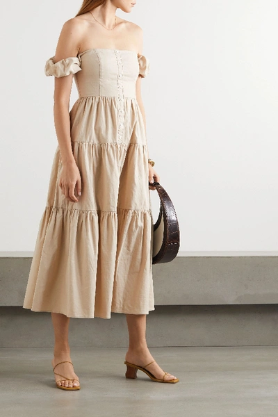 Shop Staud Elio Off-the-shoulder Tiered Linen-blend Midi Dress In Beige