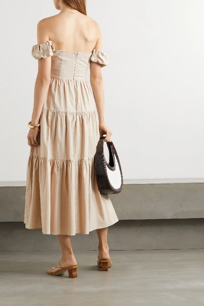 Shop Staud Elio Off-the-shoulder Tiered Linen-blend Midi Dress In Beige