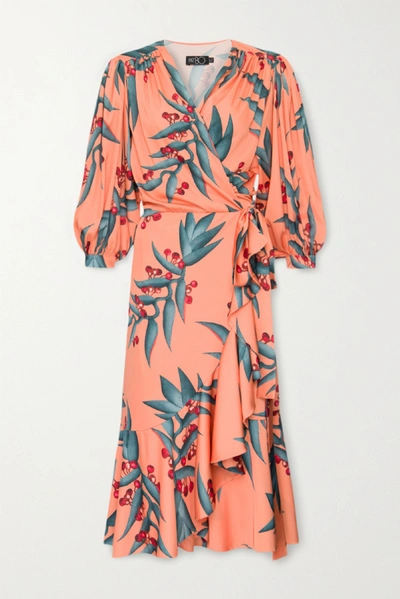 Shop Patbo Ruffled Floral-print Crepe Midi Wrap Dress In Coral
