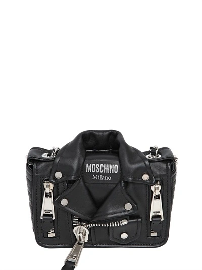 Shop Moschino Mini Biker Leather Shoulder Bag, Black