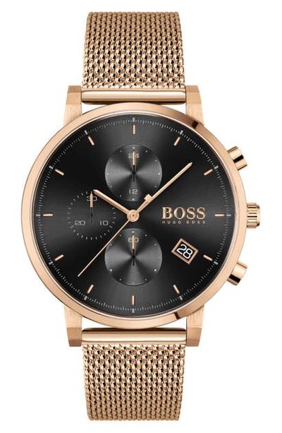 Shop Hugo Boss Integrity Chronograph Mesh Strap Watch, 43mm In Carn Gld /blk/carn Gld
