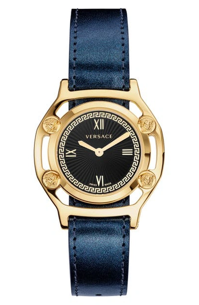 Shop Versace Medusa Frame Leather Strap Watch, 36mm In Black/ Gold/ Yellow Print