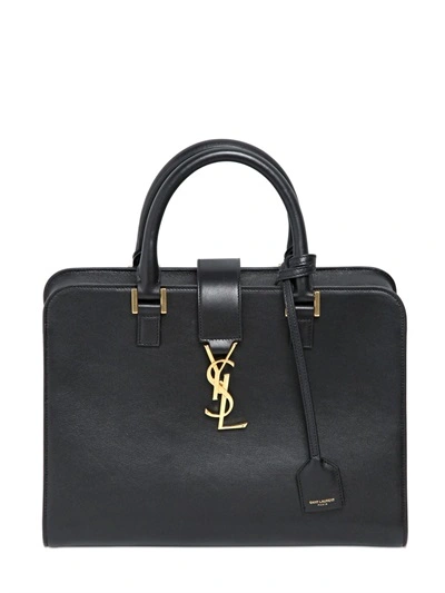 Shop Saint Laurent Small Cabas Monogramme Leather Bag, Black