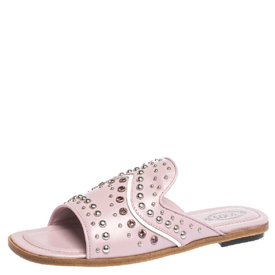 Pre-owned Tod's Pink Studded Leather Flat Slides Size 37.5