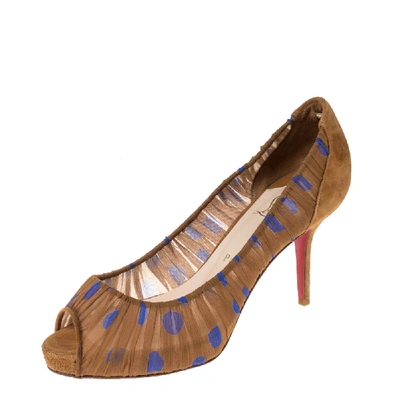 Pre-owned Christian Louboutin Brown/blue Suede And Chiffon Ambrosina Peep Toe Pumps Size 38