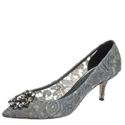 Pre-owned Dolce & Gabbana Grey Crystal Embellished Lace Bellucci Pointed Toe Pumps Size 39