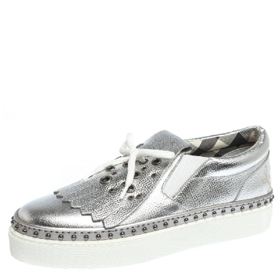 Pre-owned Burberry Metallic Silver Kiltie Fringe Detail Slip On Sneakers Size 37.5