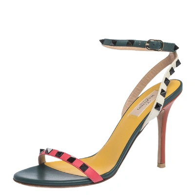 Pre-owned Valentino Garavani Multicolor Leather Black Rockstud Ankle Strap Sandals Size 38