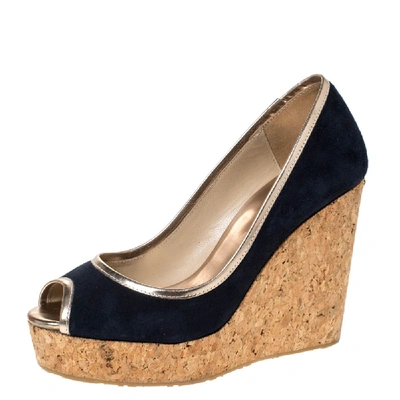 Pre-owned Jimmy Choo Blue Suede And Gold Trim Peep Toe 'papina' Cork Platform Wedges Size 37